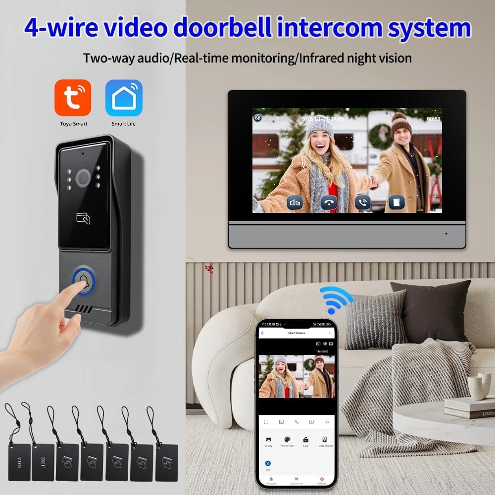4-Draht-Video-Türsprechanlage für Einfamilienhäuser, Video-Türklingelkamera mit 7-Zoll-WLAN-Monitor, Zwei-Wege-Audio, einfache Installation, Nachtsichtgerät (1 Klingel + 3 Monitor schwarz)