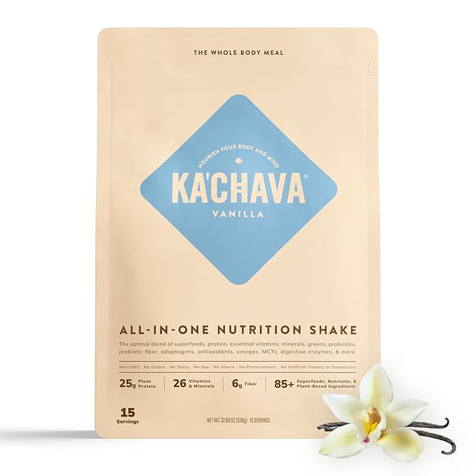 Ka’Chava All-In-One Nutrition Shake Blend, Vanilla, 15 Servings, 85+ Superfoods & Nutrients, Greens Plant-Based Superfood Powder Protein Drink, Digestive Enzymes & Probiotics, Vegan Dairy Gluten Free