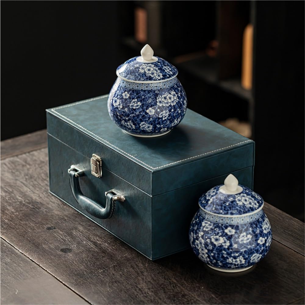Set Da Tè Contenitore in ceramica for la conservazione del tè sfuso Barattolo sigillato Set da tè retrò blu e bianco Barattolo singolo/bicchiere doppio Set di scatole regalo Barattolo Per Conservare I
