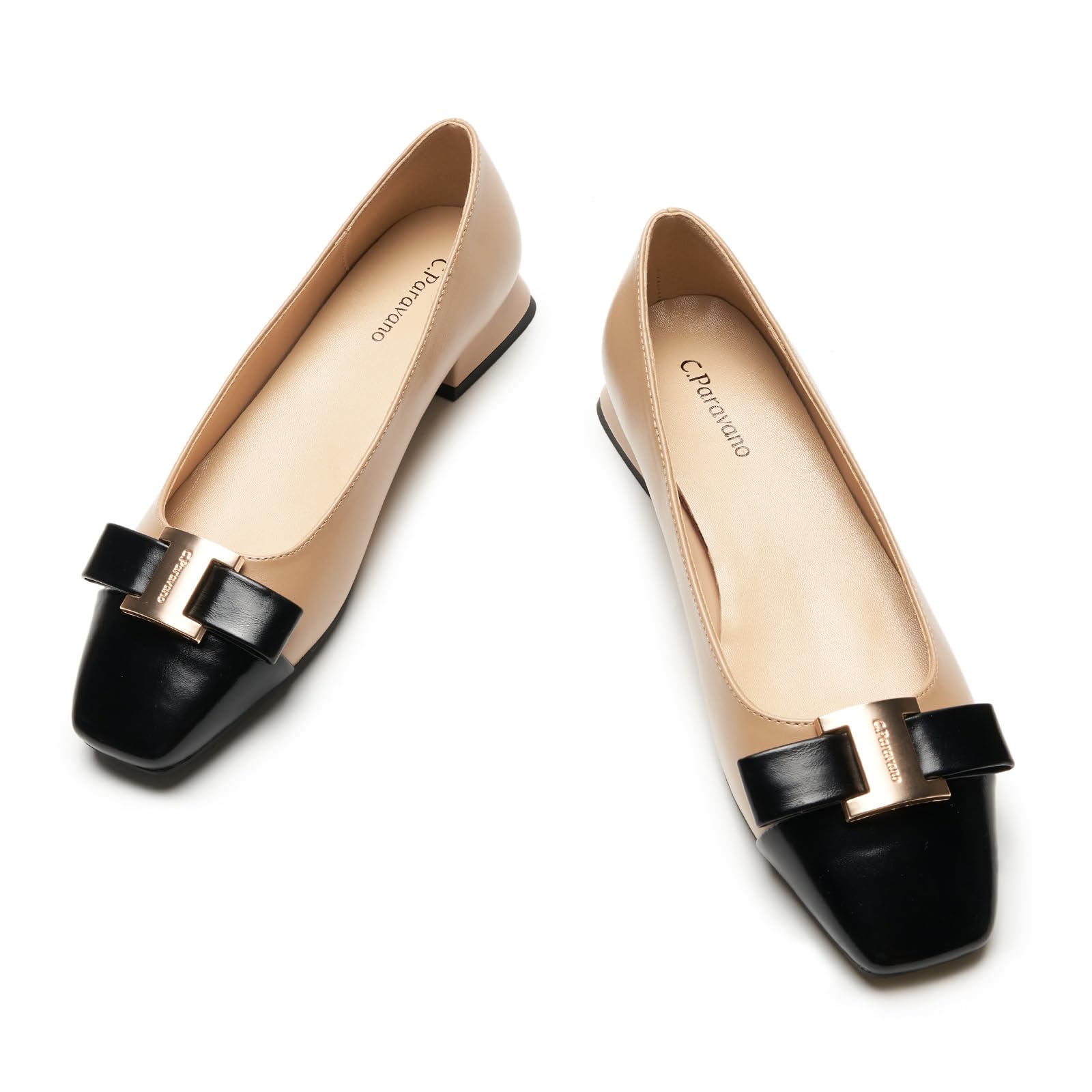 C.Paravano Women's Ballet Flats with Bowknot Detail & Square Toe - Chunky Low Block Heel Dressy Flats for Office, Wedding, Party & Date Night| Breathable Casual Work & Commuting Flats(Beige&Black,9.5)