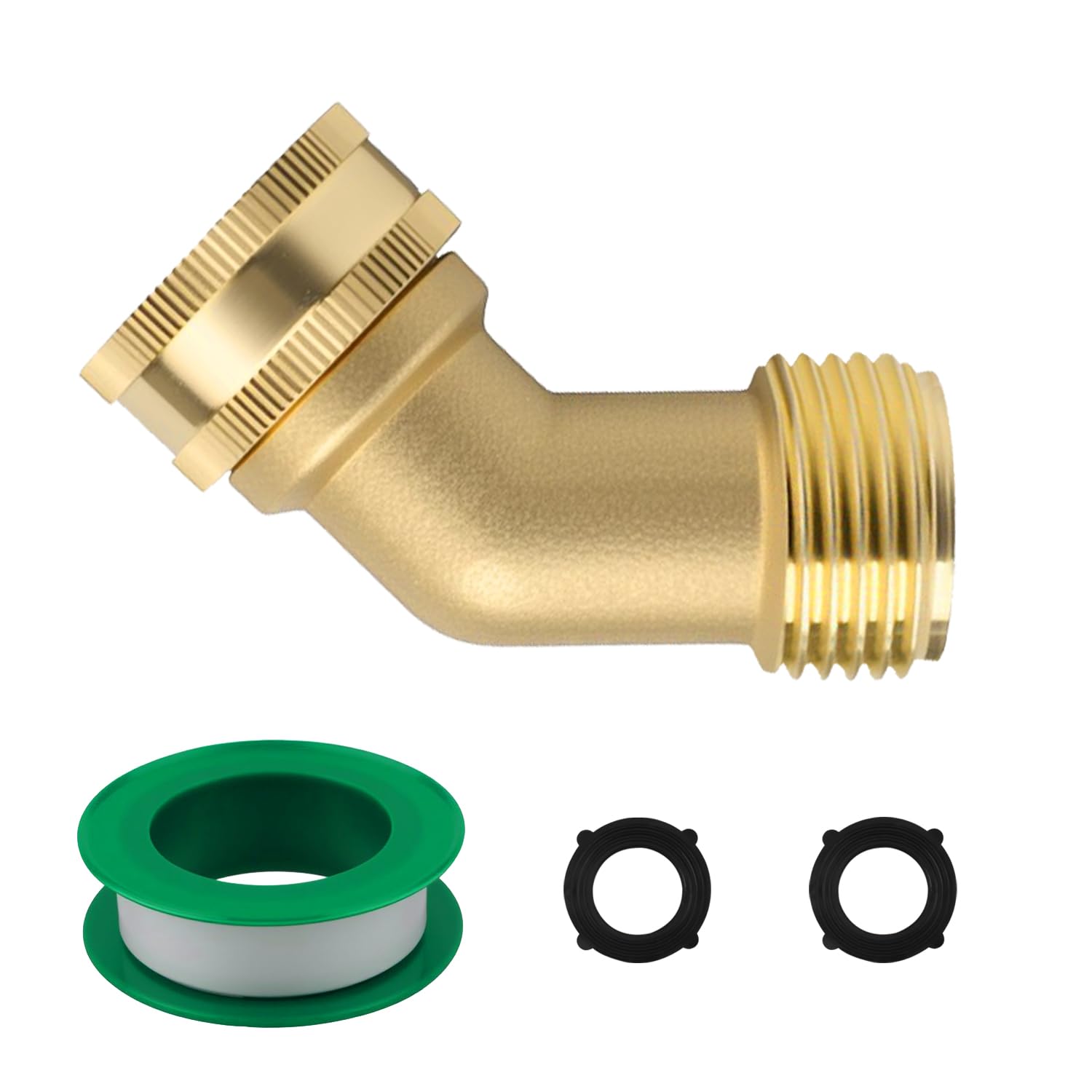 Garden Hose Elbow Connector, 45 Degree Solid Brass Pipe Fittings Hose Elbow, 3/4" Heavy Duty Garden Hose Adapter, 1 Roll of Plumbers Tape and 2 Rubber Washers (1 PCS)