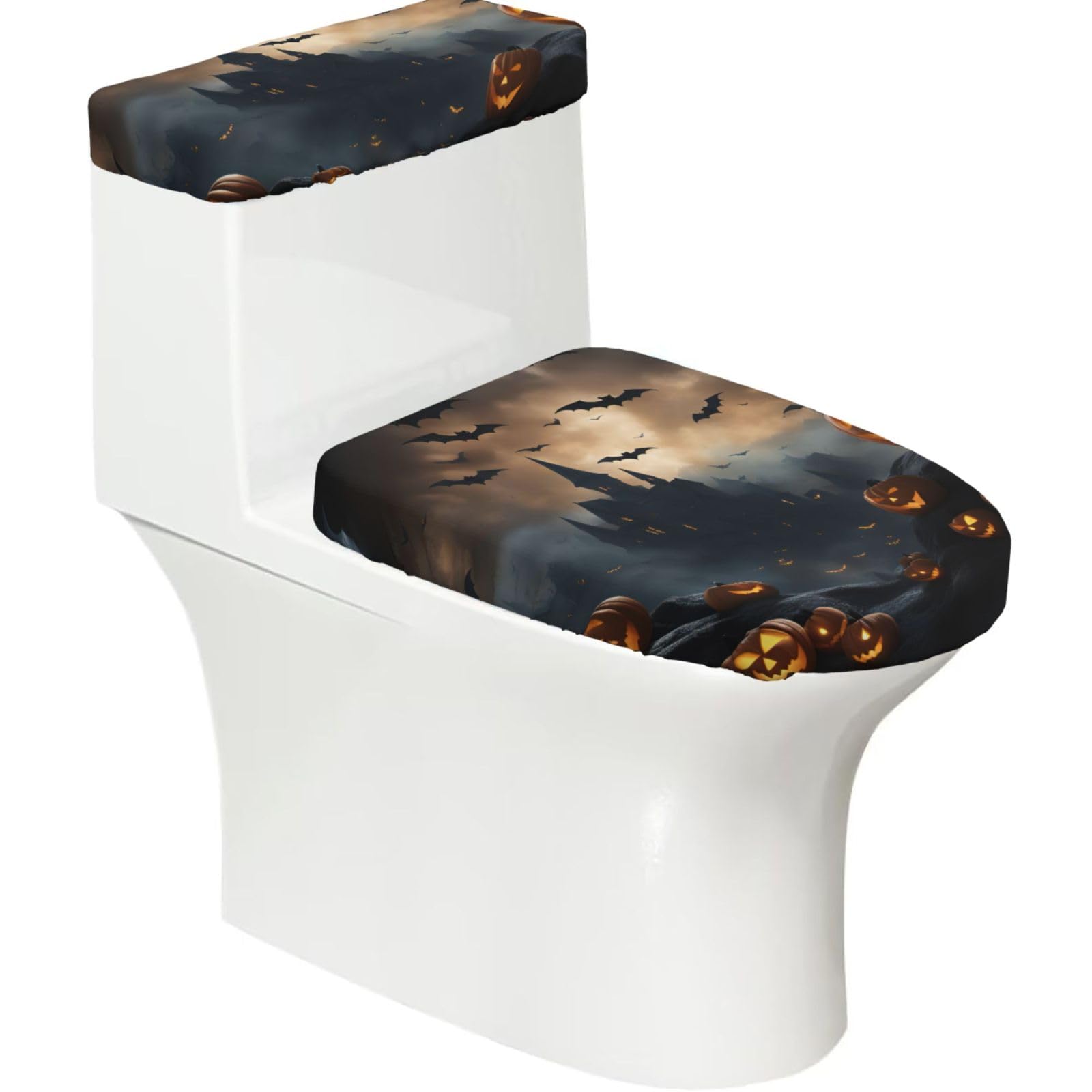 Halloween Flying Bats 3 Print Stretch Toilet Covers Set, Polyester Covers Replacement For Fits Most Size Lids Bathroom Decor