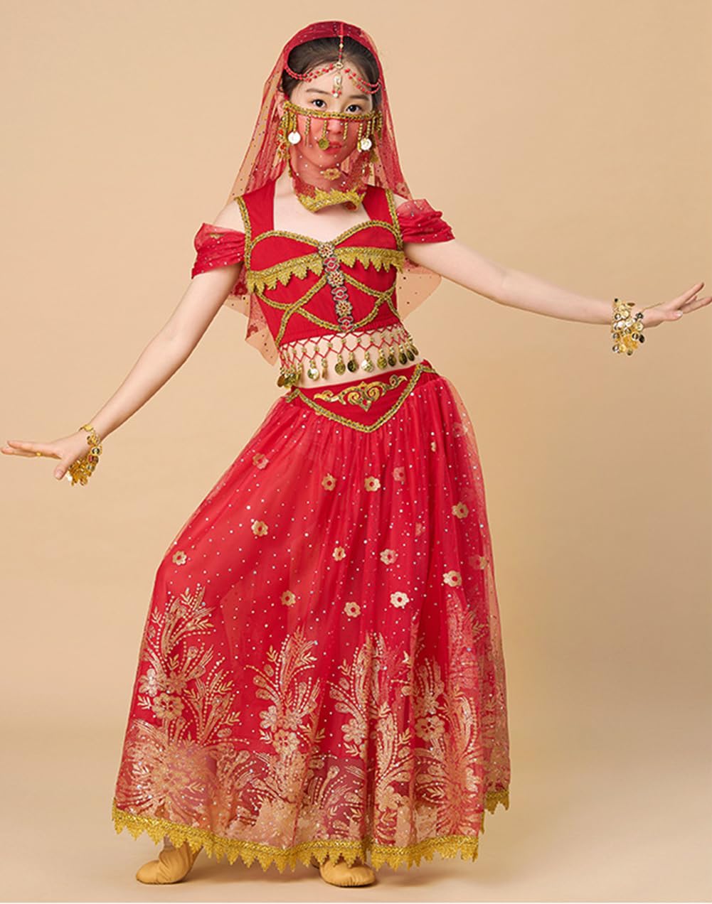 Disfraces de Baile para Niñas Vestidos de Danza del Vientre India Ropa de Halloween Traje de Carnaval Falda de Gasa con Lentejuelas Brillantes Vestidos de Competición Disfraz de Actuación (L)
