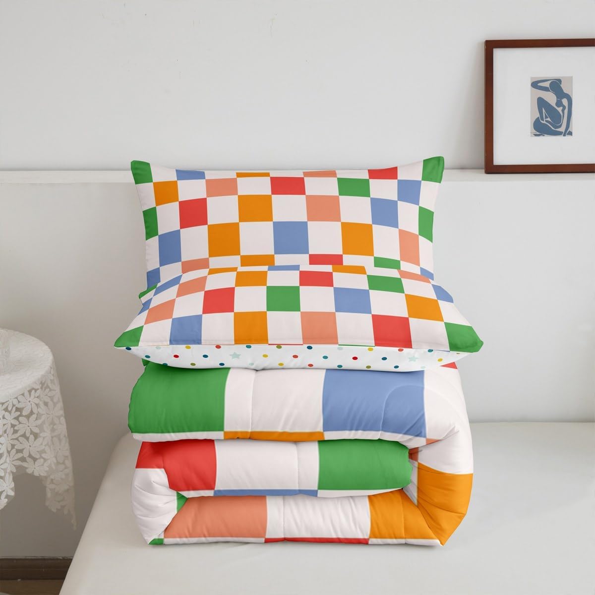 Feelyou Checkered Retro Bedding Set Teen Women Men Rainbow Colorful Plaid Comforter Set Twin Size Kids Boys Girls Geometric Vintage Duvet Insert Modern Simple Groovy Aesthetic Room Decor