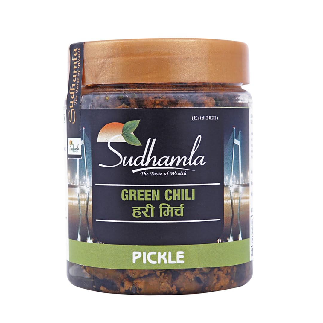 Sudhamla Spicy Green Chilli Pickle - 100 gm | Homemade Hari Mirch Ka Achar | Mustard Oil Base, Sun-Dried Mirchi | No Artificial Preservatives or Flavors | Traditional Recipe, Less Oil, Fresh and Tasty