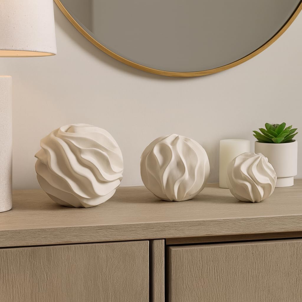 Home and Office Ornament for Living Room Decor – Unique Polyresin Orbs with Sculpted Wave Texture – Minimalist Home Decor for Shelf, Office, Coffee Table, or Bathroom Set of 3 – 6", 5", 4" White