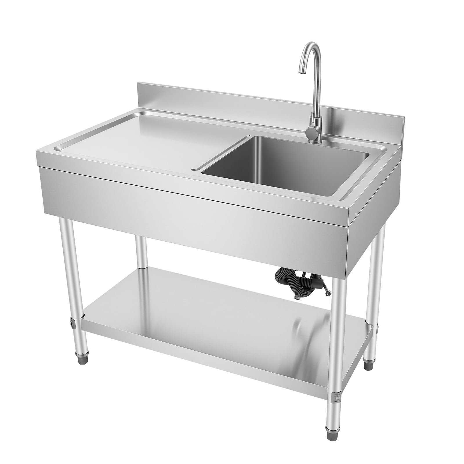 Lavelli da cucina commerciali 100 x 60 x 80 cm, in acciaio inox con capacità di carico 300 kg. Lavello in acciaio inox spazzolato con 1 vasca (a destra) con rubinetto, tubo di scarico, filtro per
