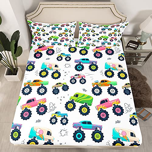 Juego de sábanas de Coches Lindo Monster Truck Sábanas de Ropa de Cama Niños Niños Equipo de Cubierta de Cama Colorida 2 Piezas Tamaño Individual
