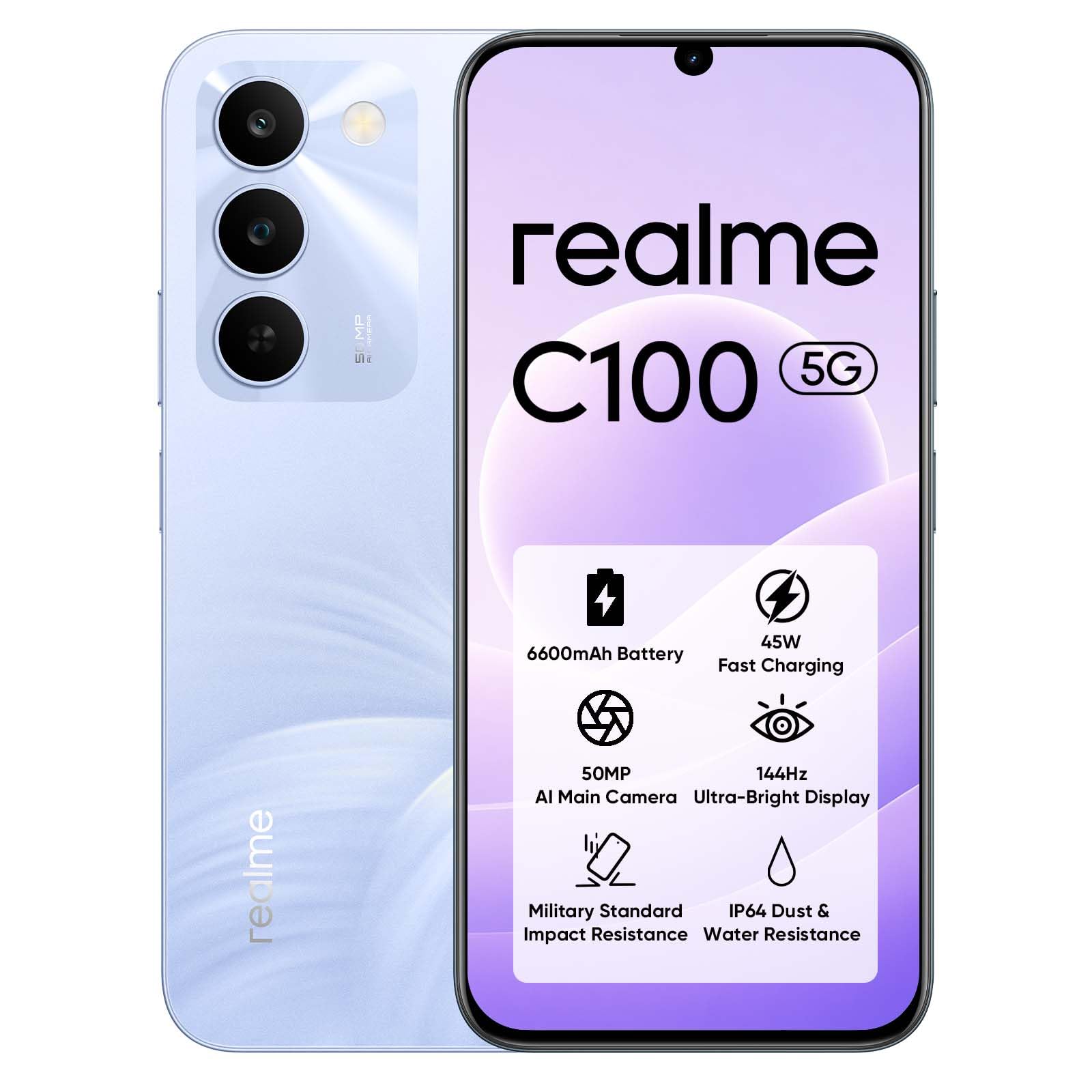 realme C100 5G Smartphone 256GB ROM, Batteria Titan 6600mAh e Ricarica Rapida 45W, Telefono Cellulare con 144Hz Ultra Brillante, Android 16 Cellulari Resistenza agli Urti Militare, Ricarica Inverso