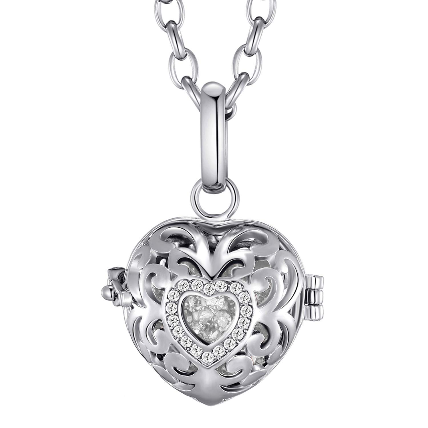 Morella Catenina Donna Angelo Custode in Acciaio Inox 70 cm con Ciondolo Cuore-Amore e Sfera zirconi Bianchi Ø 16 mm in Sacchetto di Velluto