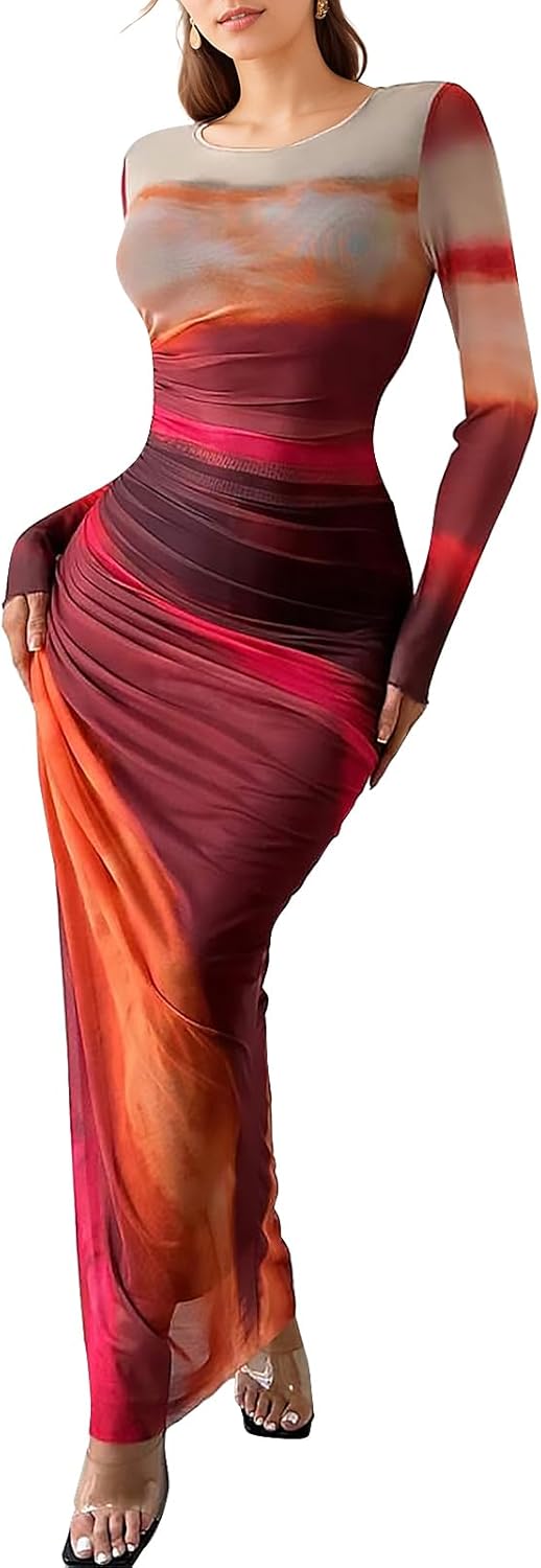 Women's Long Sleeve Maxi Dresses Mesh Printed Tie Dye Ruched Bodycon Long Dress Party Cocktail Elegant Outfits - Image 4