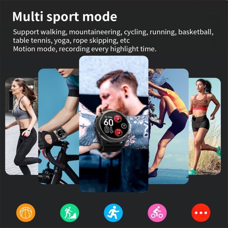 Smartwatch showing multi-sport mode options with people engaged in various activities