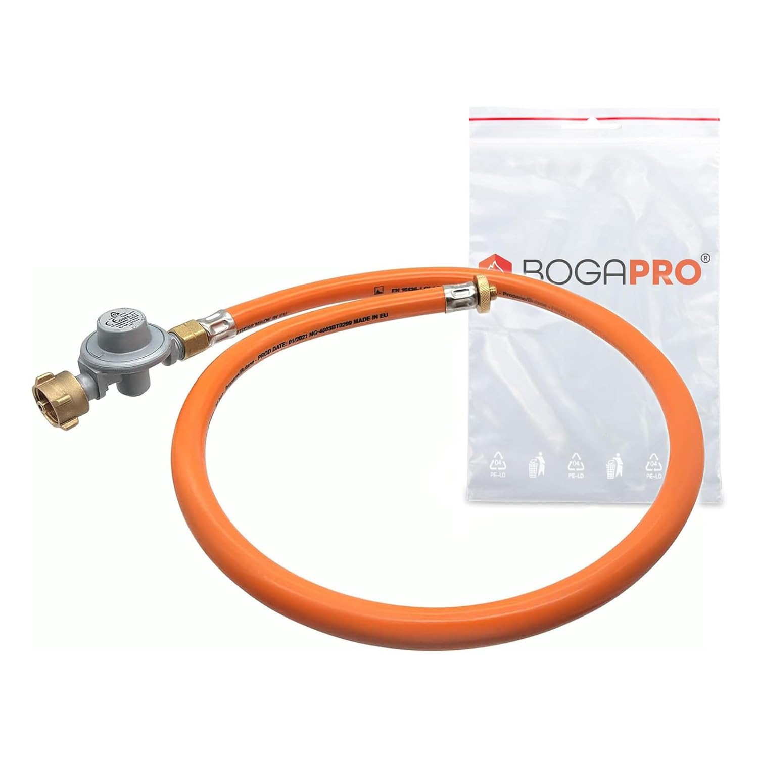 BOGAPRO Adapter-Schlauch mit Gasregler, Adapter von EN417 Schraubkartuschenanschluss auf handelsübliche Gasflaschen, inkl. Polybeutel