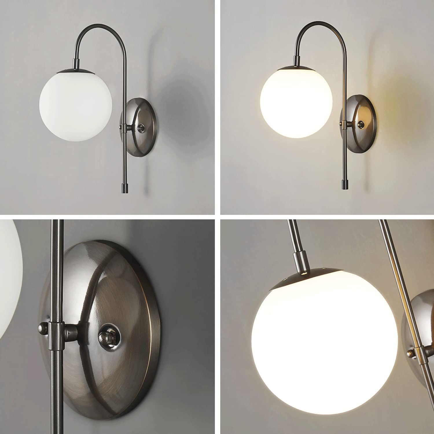 Nowoczesna lampa ścienna z czarnego mosiądzu z abażurem z białej szklanej kuli, styl z połowy wieku, przemysłowa oprawa oświetleniowa z łabędzią szyją, oprawka E27.