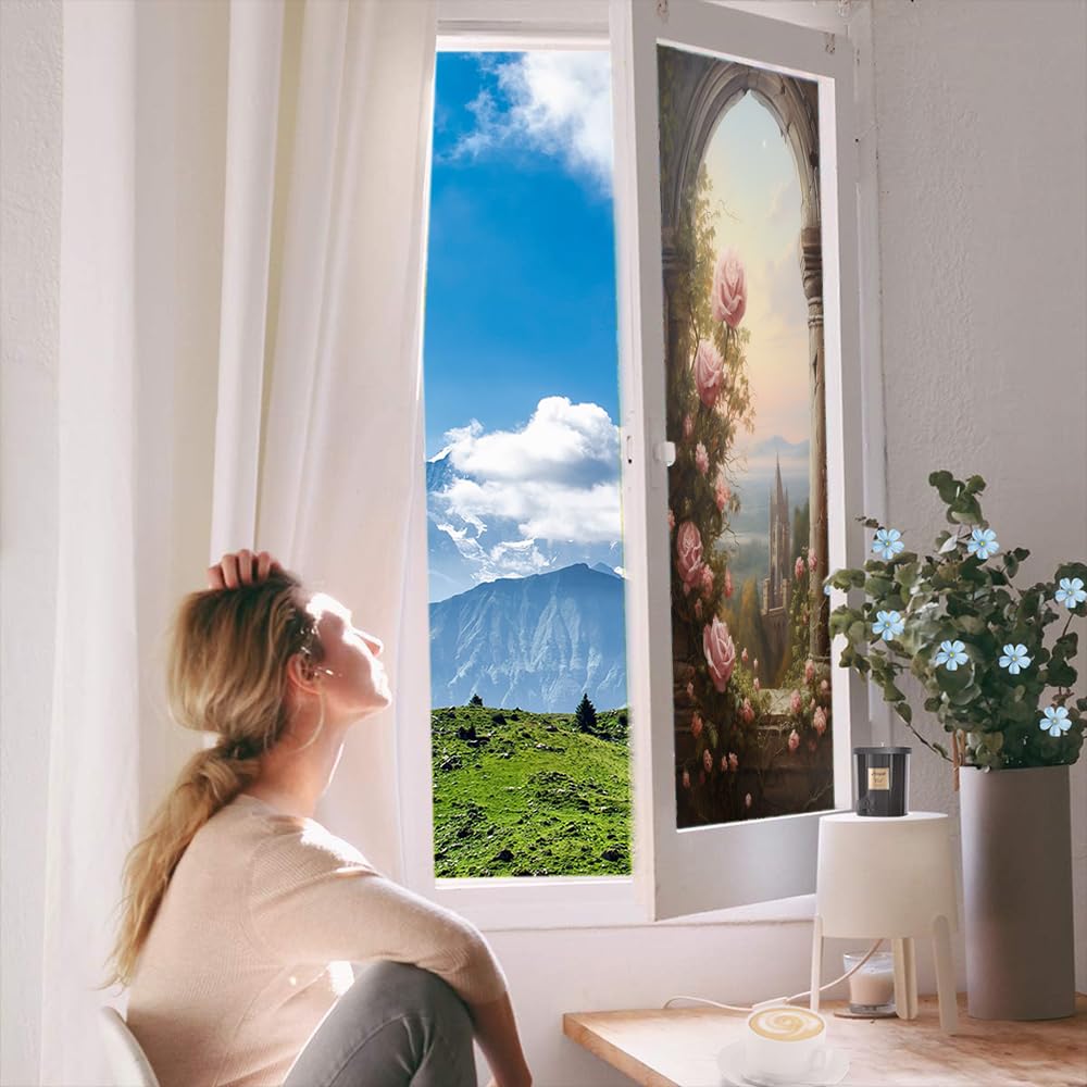 Charmante rosa Blumen Buntglas-Fensterfolie, Vintage, Natur, Blumenmuster, Stadtblick, Sichtschutz, Fensterfolie, Glastürabdeckung, nicht klebende Fensteraufkleber für Badezimmer, Küche, 80 x 140 cm