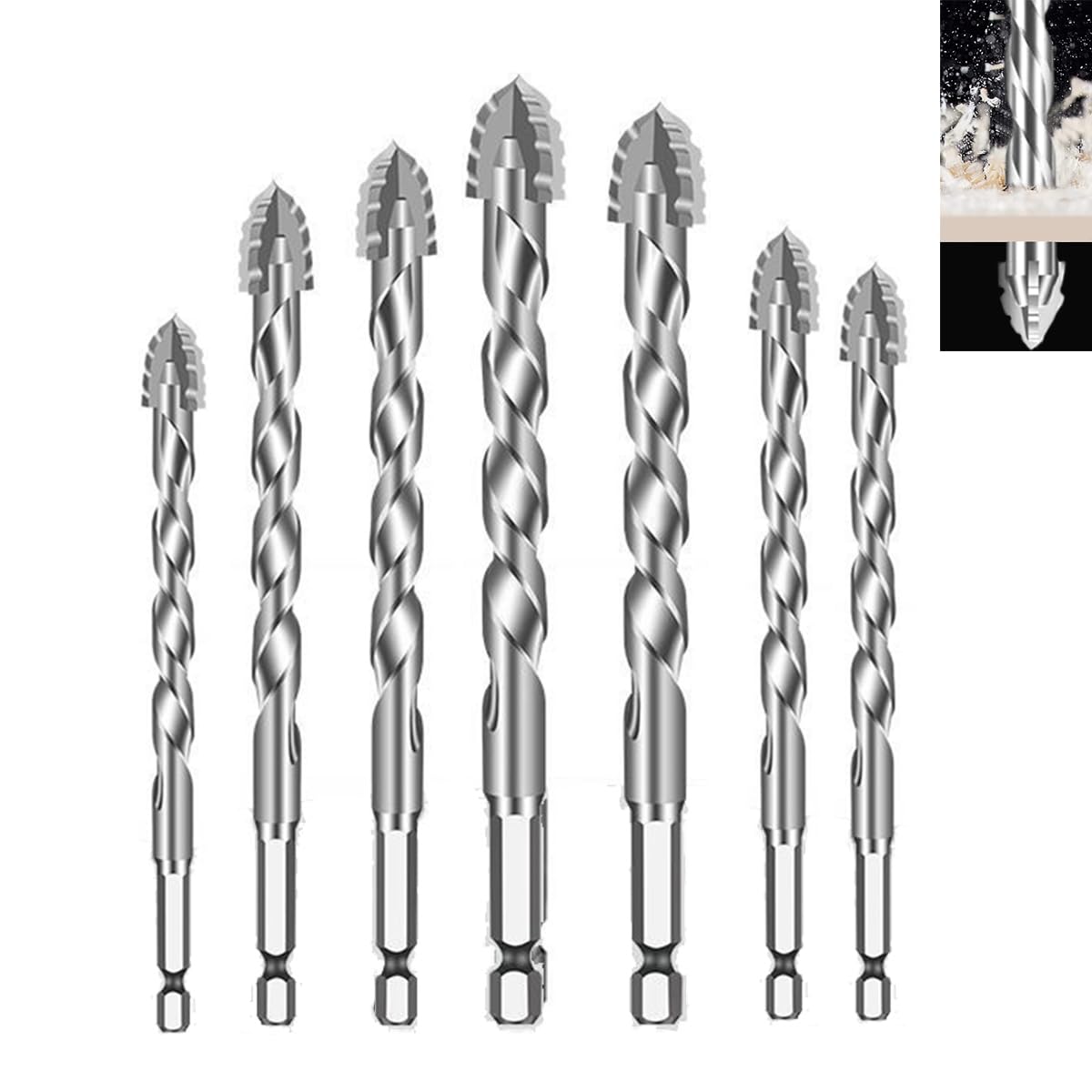 Serplex® 7Pcs Alloy Steel Carbide Drill Bits for Ceramic Tiles, Ceramic, Glass, Marble, Concrete, 3/4/5/6/8/10/12mm High Impact 4-Edge Sawtooth Hex Shank Hole Opener Power Drill Bit Set-image-31