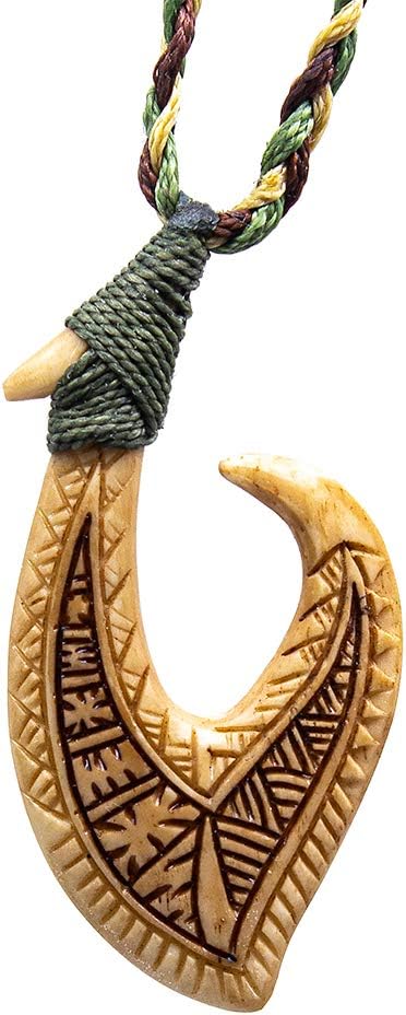 Camo Aged Bone Master Carver Scrimshaw Hawaiian Fish Hook Necklace