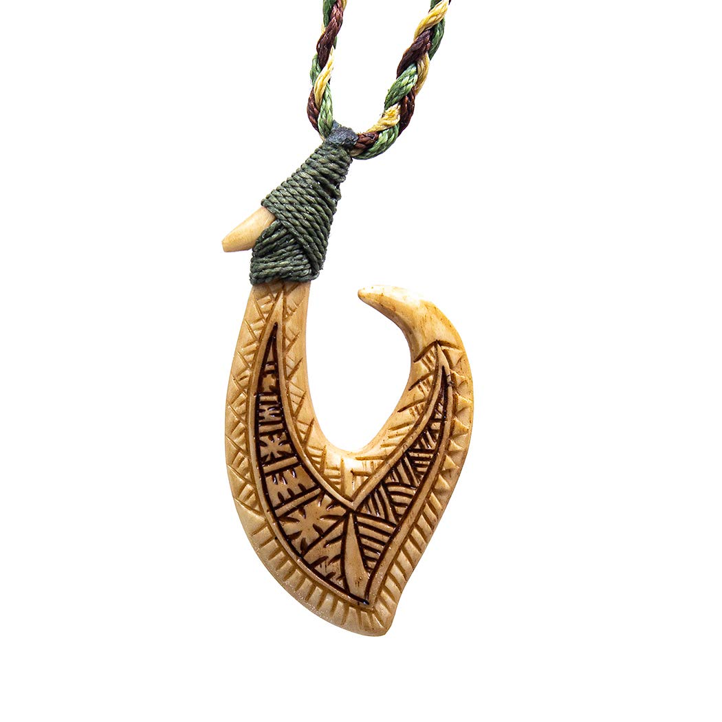 Camo Aged Bone Master Carver Scrimshaw Hawaiian Fish Hook Necklace
