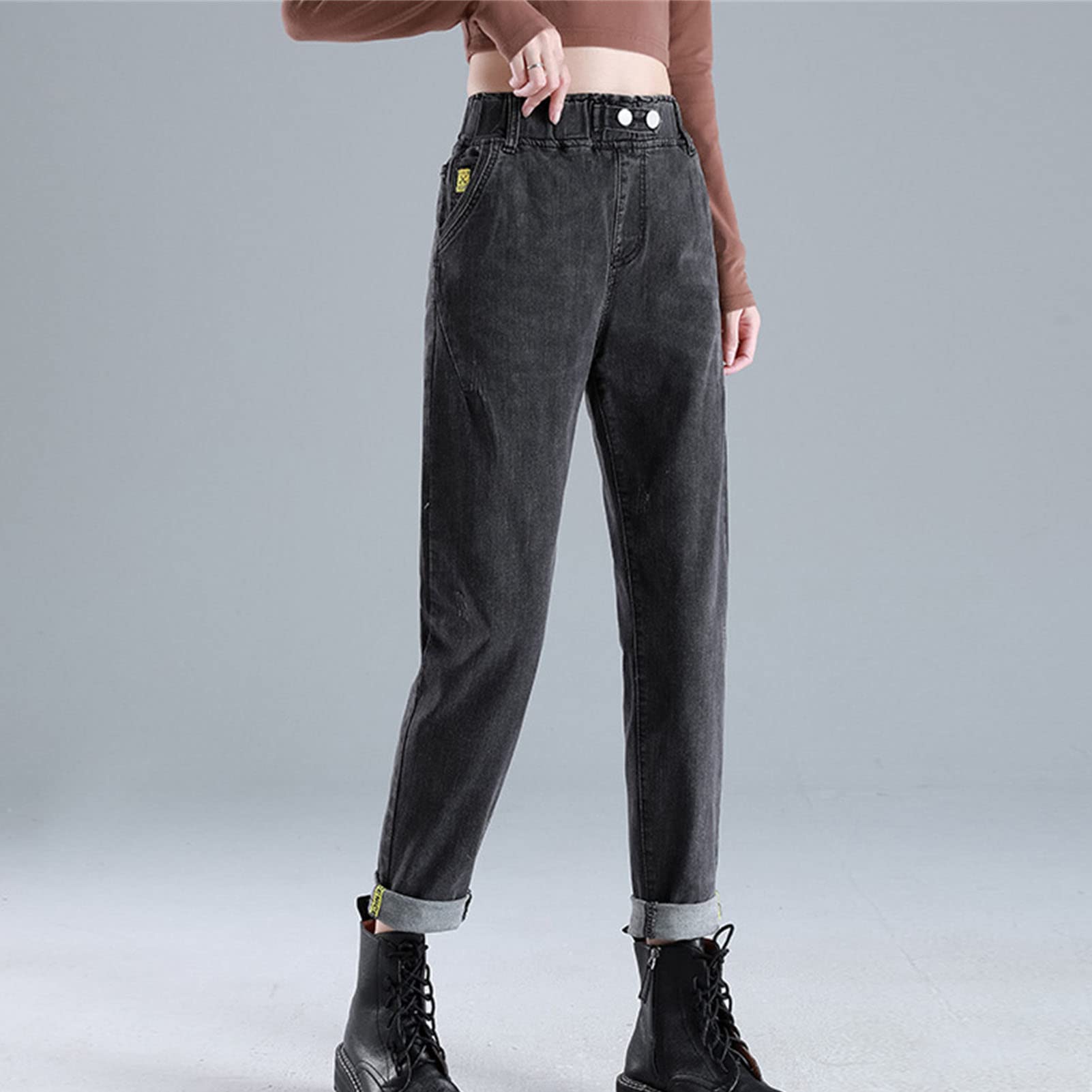 Maiyifu-GJ Women's Elastic Waist Cropped Jeans Casual Pull-on Baggy Denim Joggers Pants High Waist Boyfriend Slim Fit Jean (Dark Grey,32)