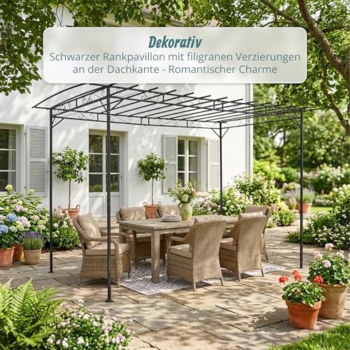 Relaxdays Pergola, Metall, HxBxT: 215 x 320 x 190 cm, freistehende Terrassenüberdachung, Rosenbogen Garten, schwarz