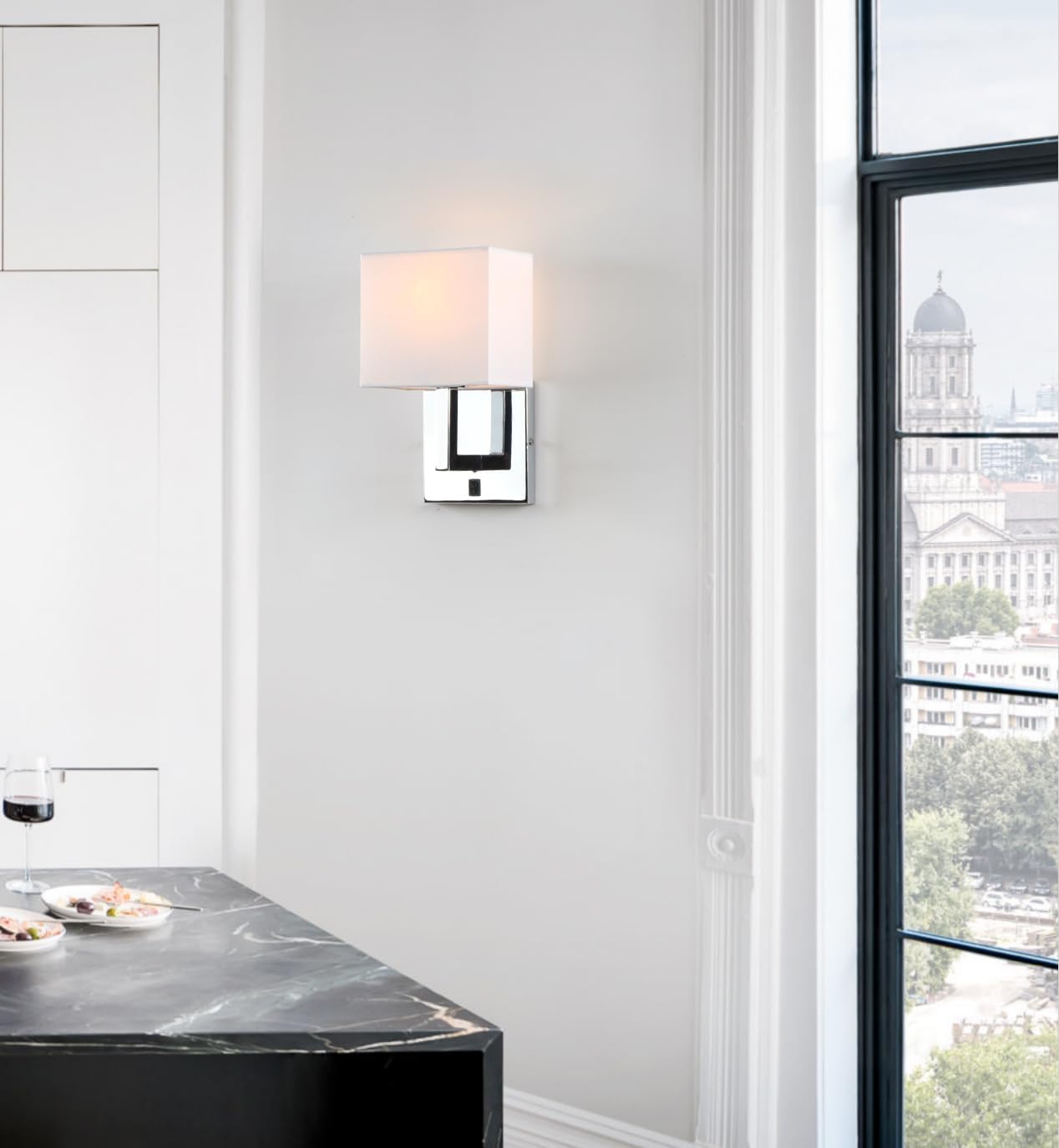 PERMO Set of 2 Single Wall Sconce Light Fixture with White Textile Shades and On/Off Switch Button Small Modern Nightstand Lamps for Bedrooms Bedside Reading (Brushed)