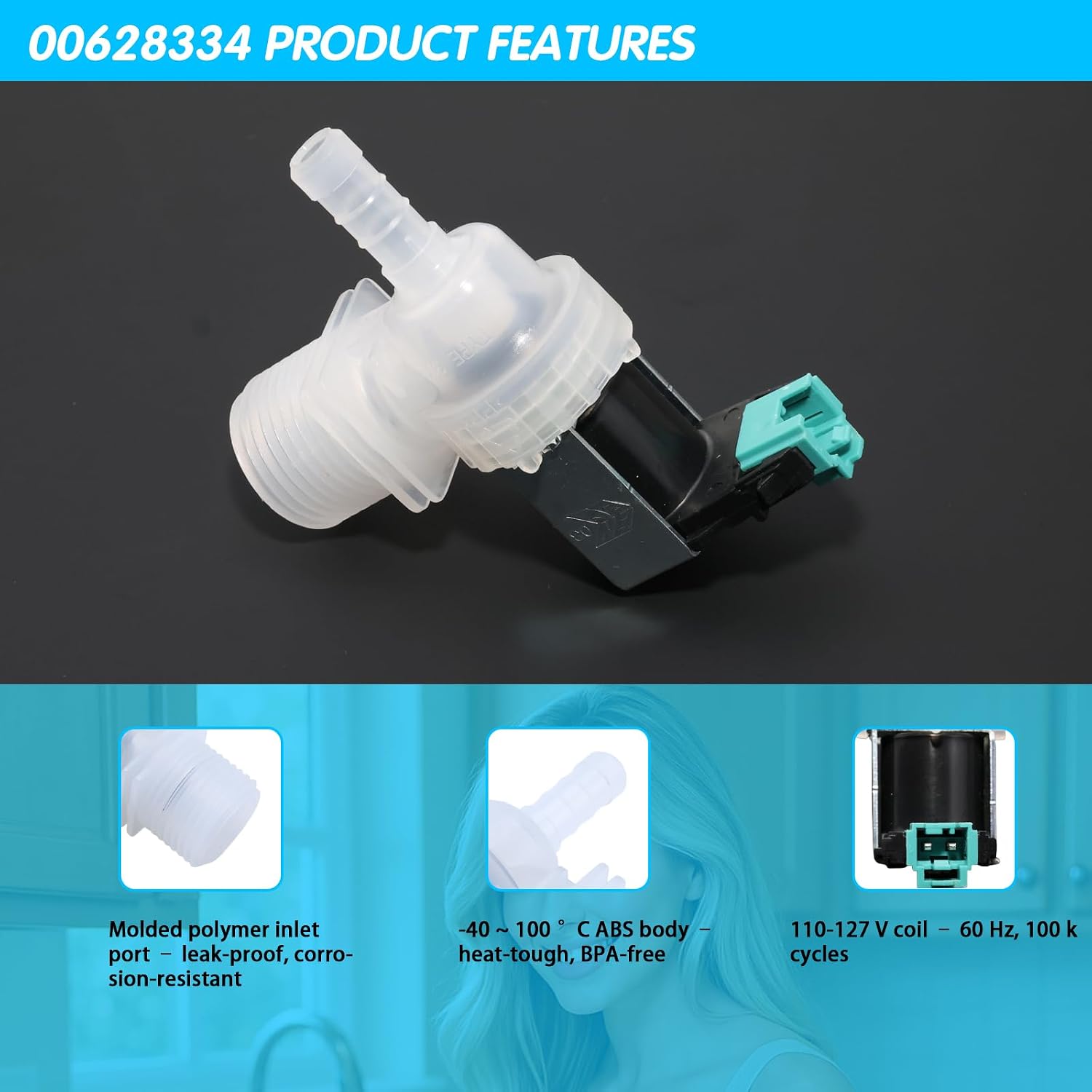 00628334 10023852 Dishwasher Water Inlet Valve Replacement for Bosch Thermador Gaggenau Dishwashers — Replaces 33199023 628334 9000655808 AP7193108 AP5691117 PS16746057 PS8729241