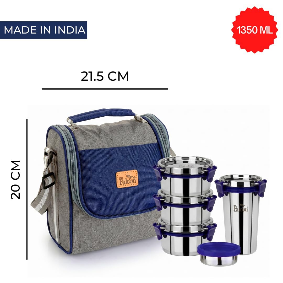 PDDFALCON Stainless Steel EcoNxt Executive Lunch Box Set of 4 containers with Insulated Bag, BIS Certified, Food Grade, BPA Free, Jindal Seal & Made in India. (Navy Blue - 1430ml) 1