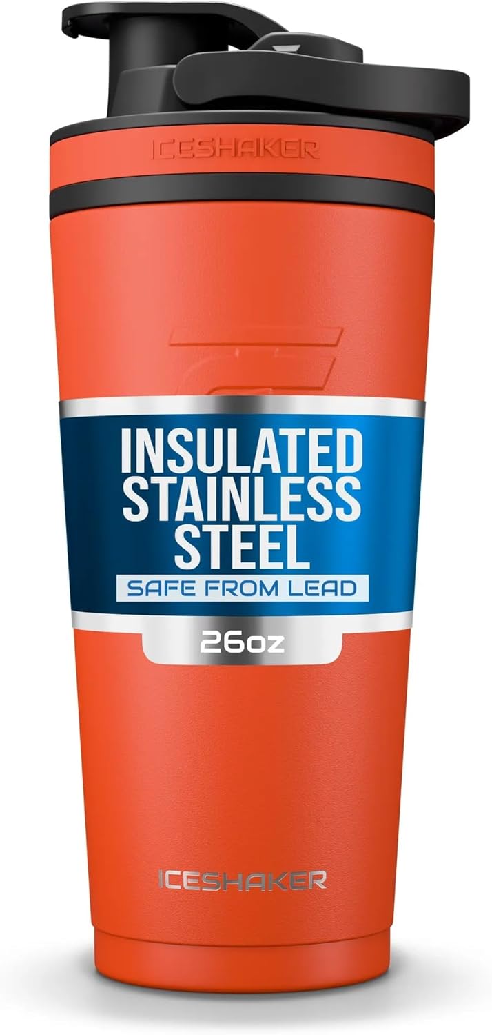 Ice Shaker Insulated Stainless Steel Shaker Bottle | 26oz, Orange | Cold for 30+ Hours | Insulated Cup with Twist-on Agitator | Odor-Free Bottle for Protein Shakes, Water, Smoothies, Cocktails