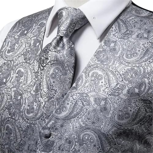 Men’s Silk Vest Set – Formal Paisley Waistcoat with Tie, Pocket Square & Cufflinks for Wedding or Party3
