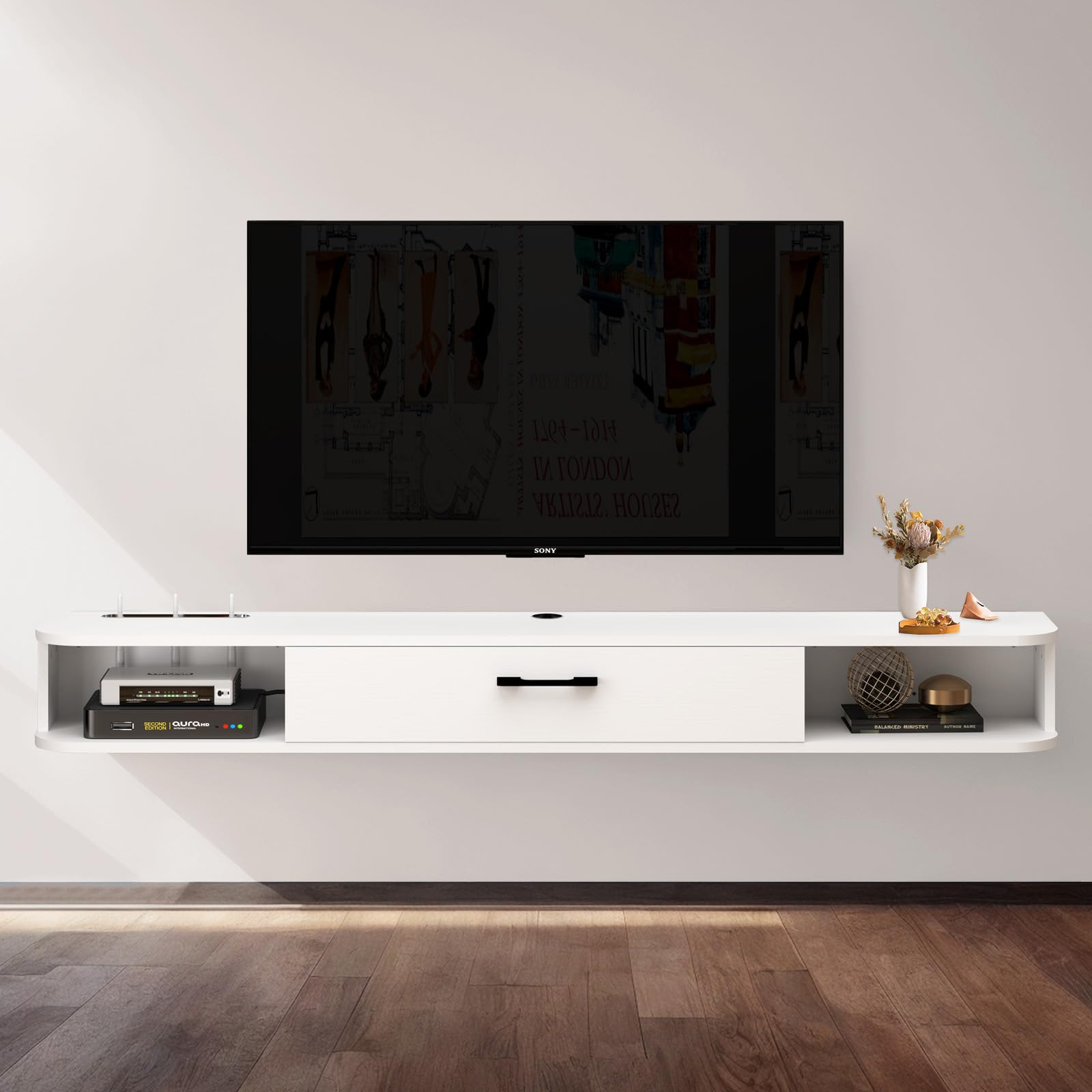PmnianhuaFloating TV Unit, Wall Mounted TV Cabinet, Floating Shelves with Drawer, Modern Entertainment Media Console Center Large Storage TV Bench for Living Room & Office (180cm, White)
