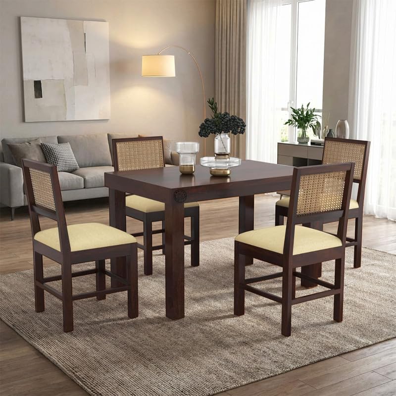 Image of Furniture Solid Sheesham Wood 4 Seater Dining Table Set with Cushioned Chairs | Wooden Four Seater Dinner Table Set for Living Room, Kitchen, Dining Area and Home (Walnut Finish)