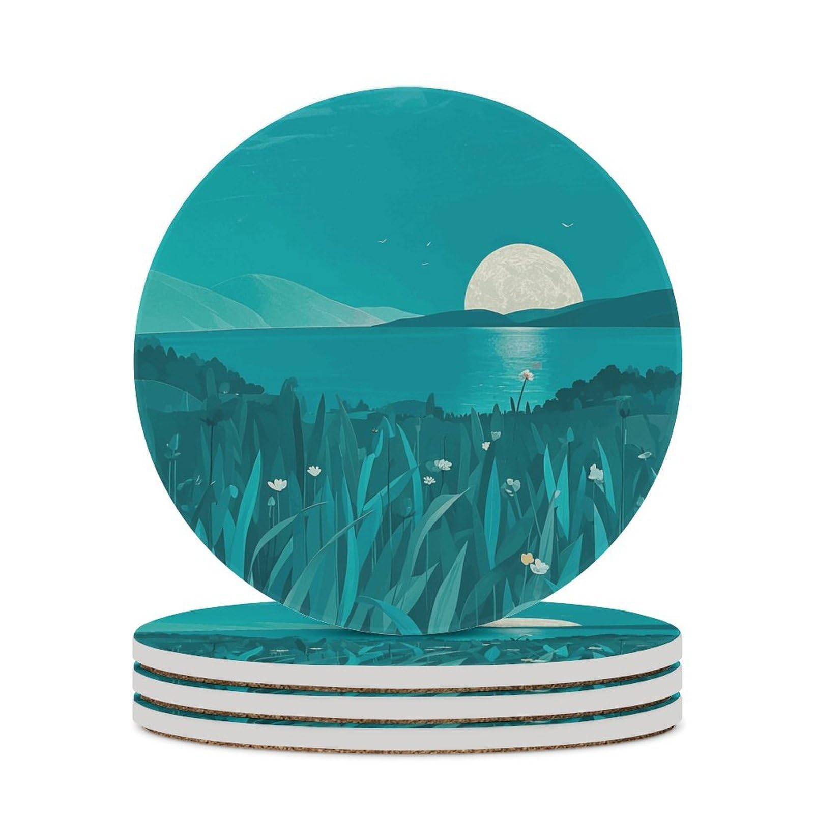 Dessous de verre céramique bleus lot de 4 avec support en liège 10cm