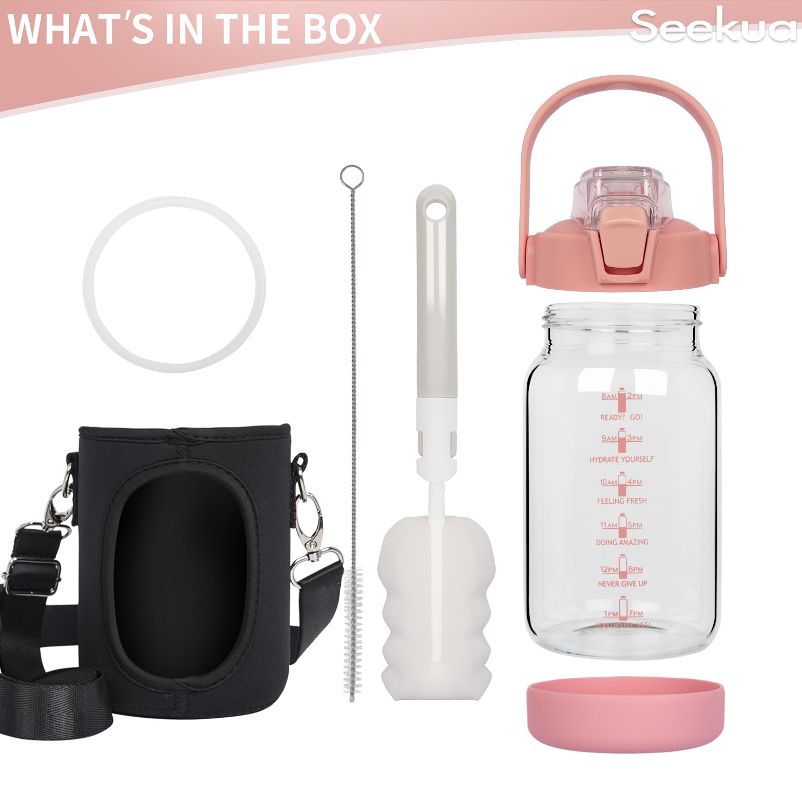 Seekua 1l Glass Water Bottle with Straw & Motivational Time Markings 1 litre Large Leakproof Gym Drinking Bottle - Image 4