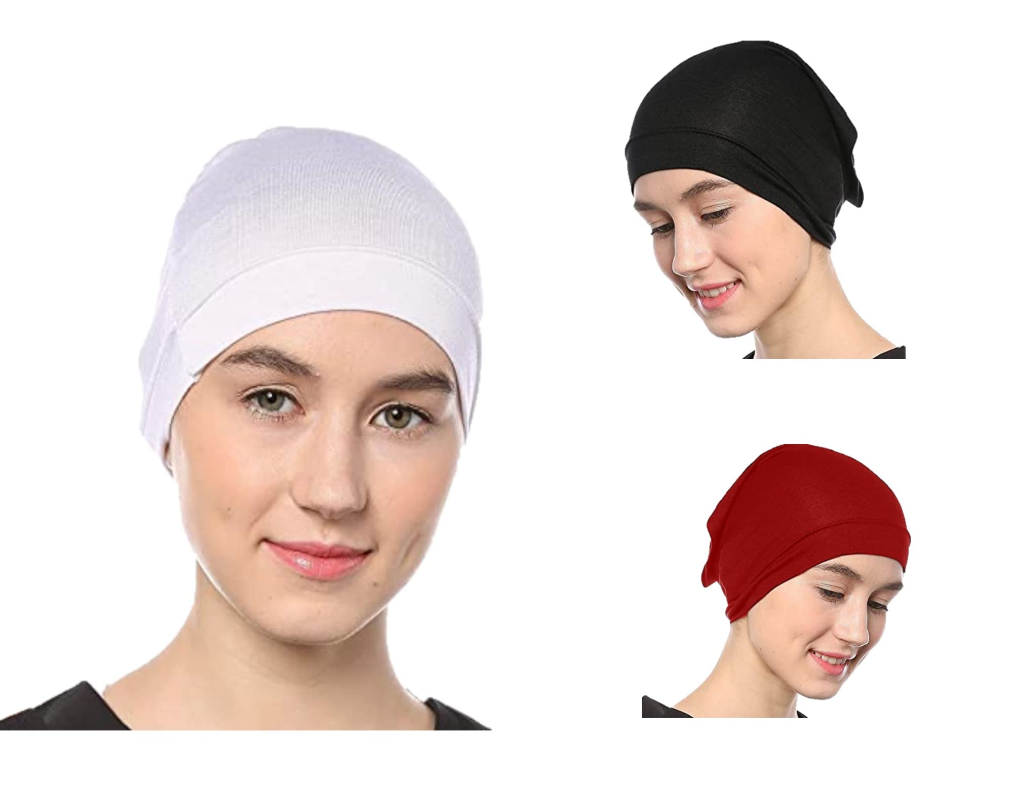nazneen Women's Tube Hijab Bonnet Cap Under Scarf Pullover Combo 3 Piece (White, Black & Maroon)-picture-48