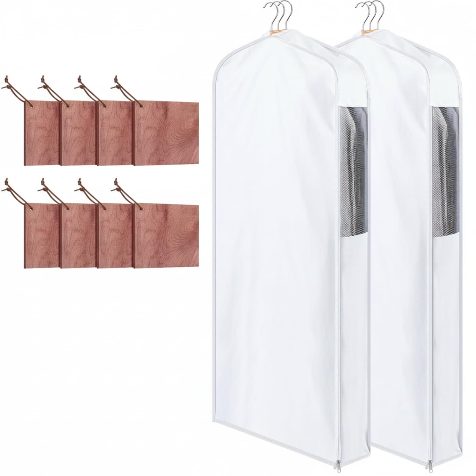 Cotton Garment Bags with 8 Cedar Blocks, 2 Sets, 60 x 24 x 6 in, White