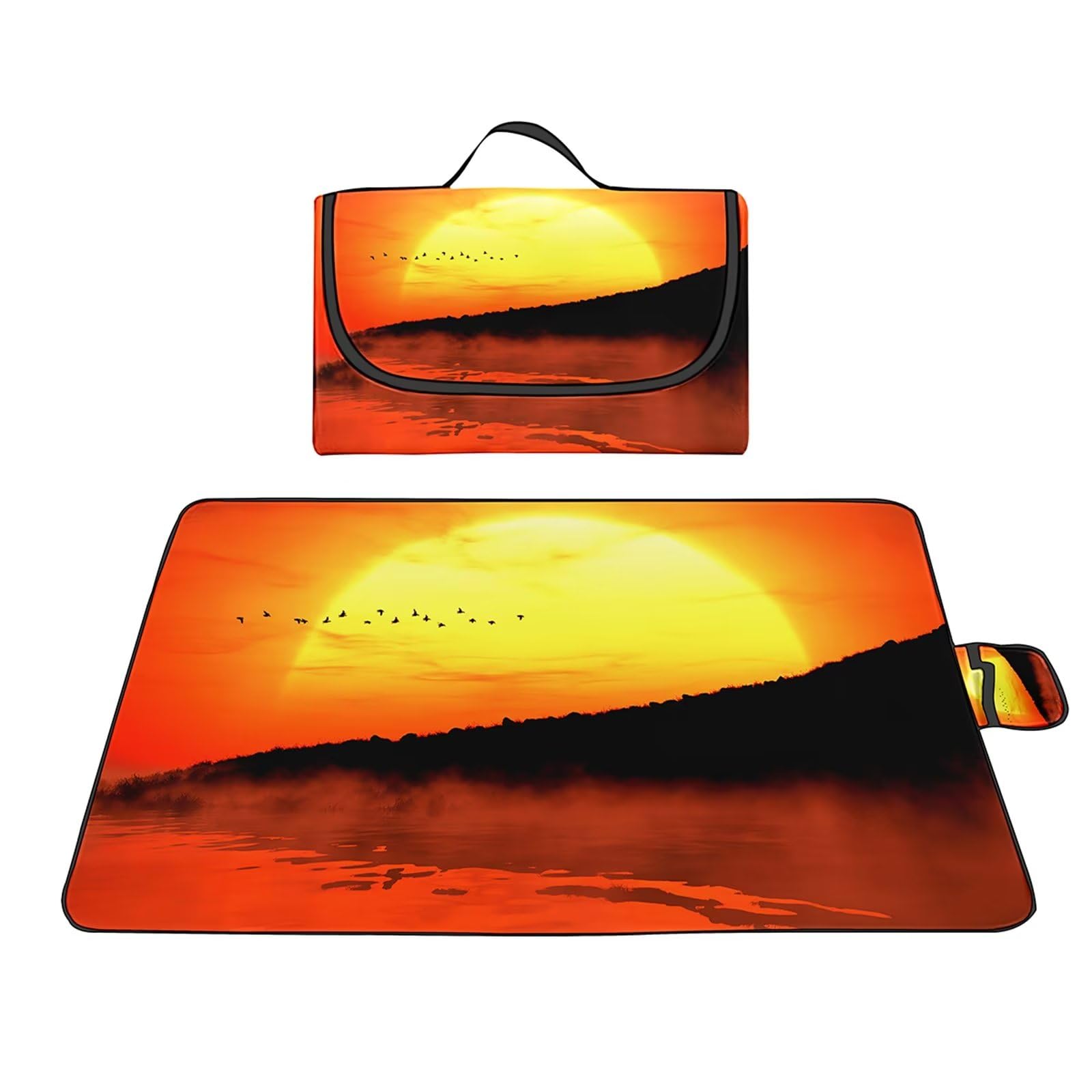 Couverture Pique-nique Imperméable 200x300cm,Couverture Plage Extérieure XXL,Paysage de coucher de soleil rouge Camping Couverture étanche Pique-nique avec Poignée pour Camping Randonnée Parc Plage