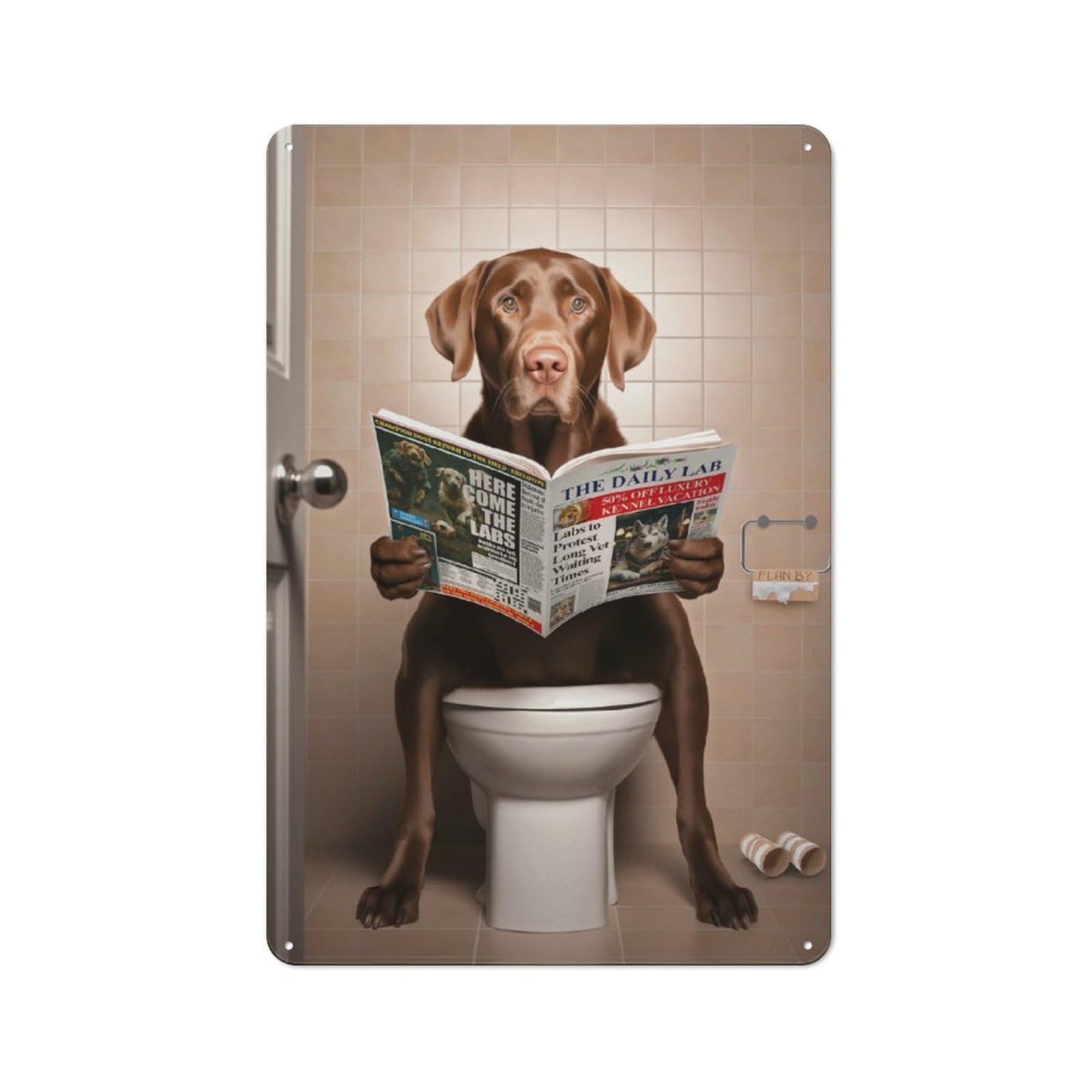 Junmoney Brown Labrador On Toilet Tin Wall Plaque With Design 30X20cm, Country Vintage Cottage Wall Art For Kitchen, Cottage, Porch Or Garden Room