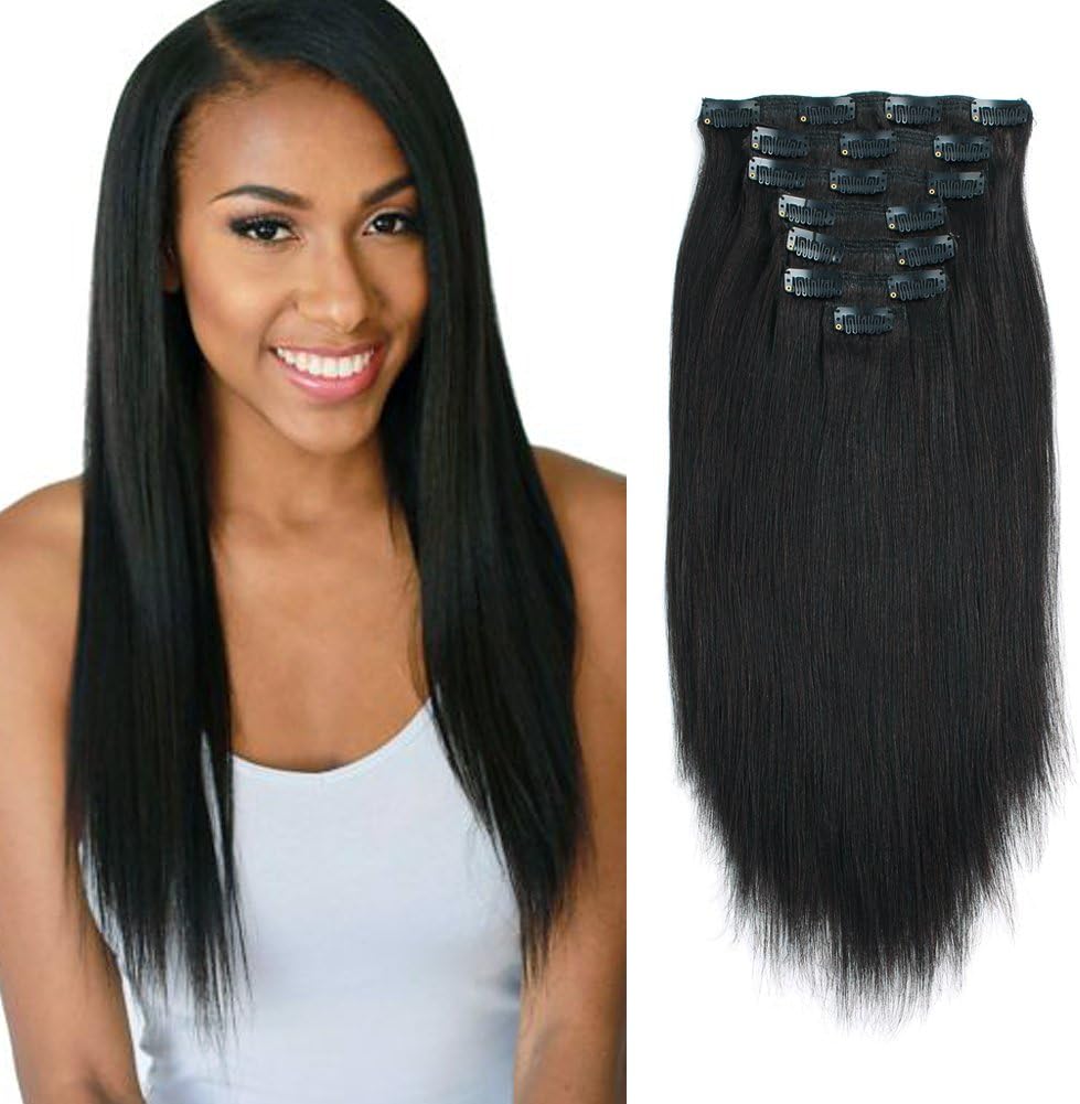 Brazilian Virgin Yaki Straight Clip in Human Hair Extension Double Weft Straight Clip in Hair Extensions Human Hair for Women Thick20 Inch Natural Black Yaki Clip ins Hair120G 7 Pieces,17 Clips