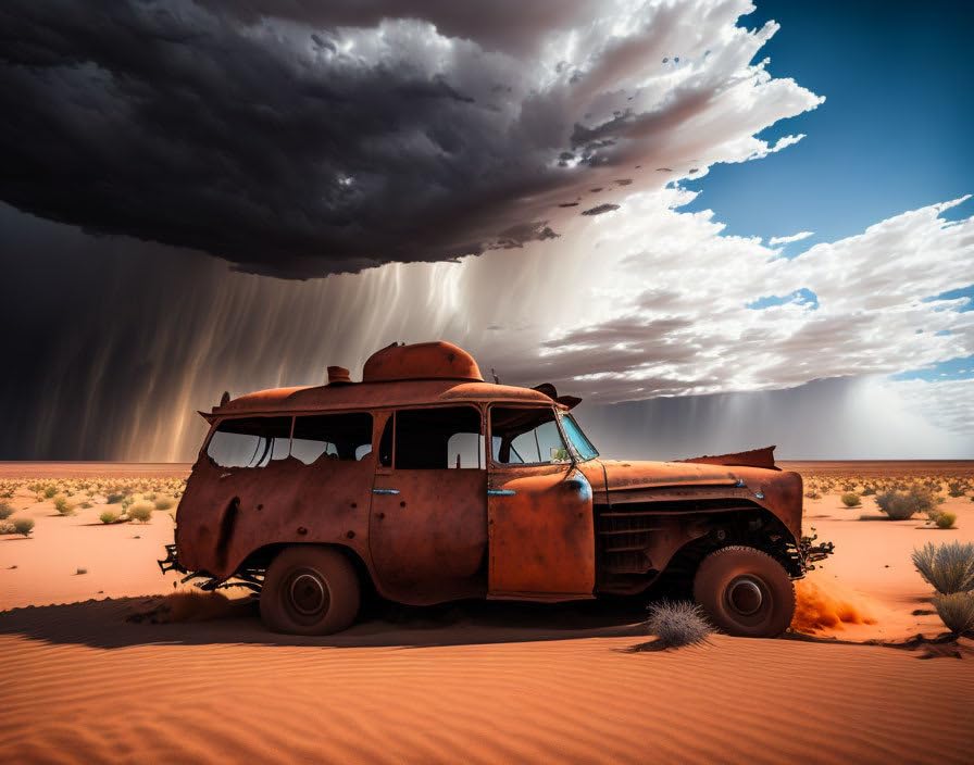 Tableau sur toile 58 x 90 cm voiture rouillée désert nuages d'orage sans cadre GerRit