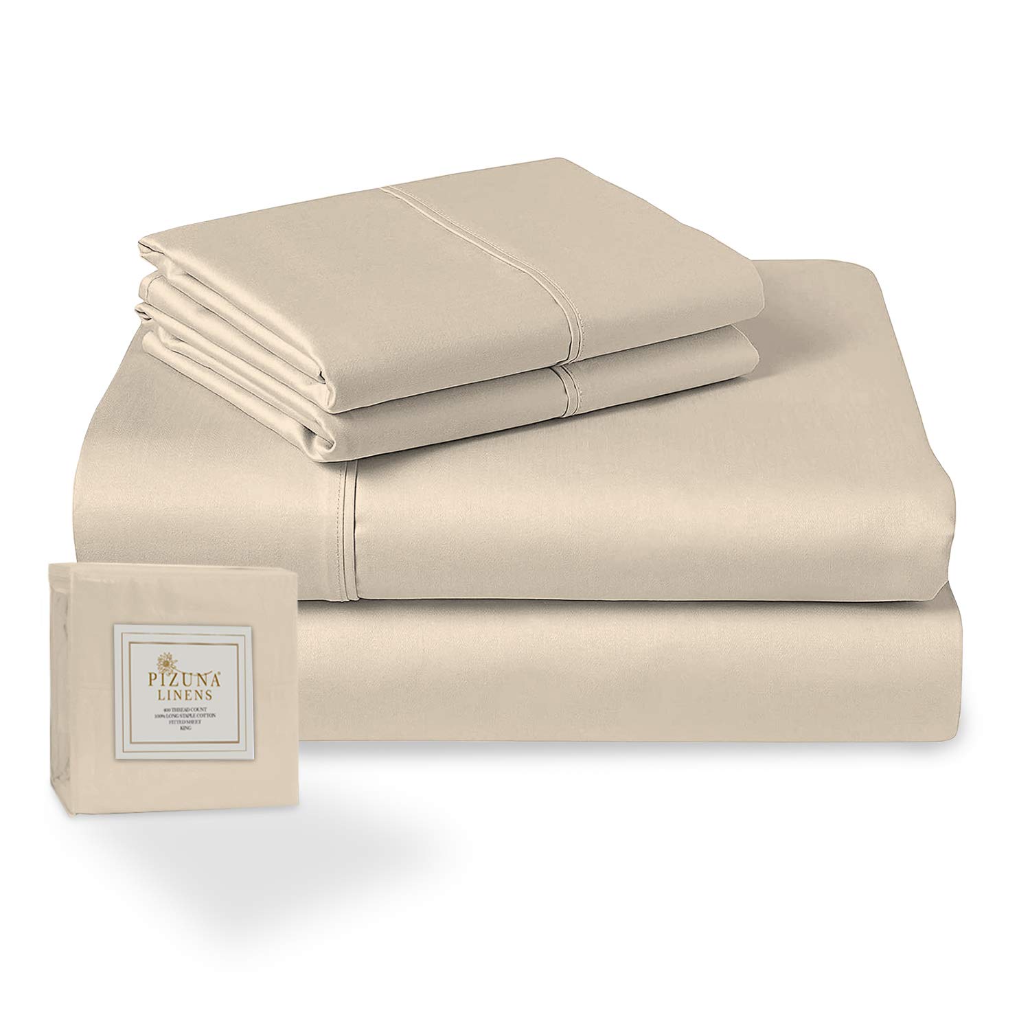 Pizuna 400 Thread Count Cotton Beige 3 Piece Bed Sheet Set TwinXL, 100% Long Staple Cotton Luxurious Soft Satin Sheet Set - 1 Fitted Sheet, 1 Flat Sheet and 1 Pillow Case (100% Cotton Bed Set TwinXL)