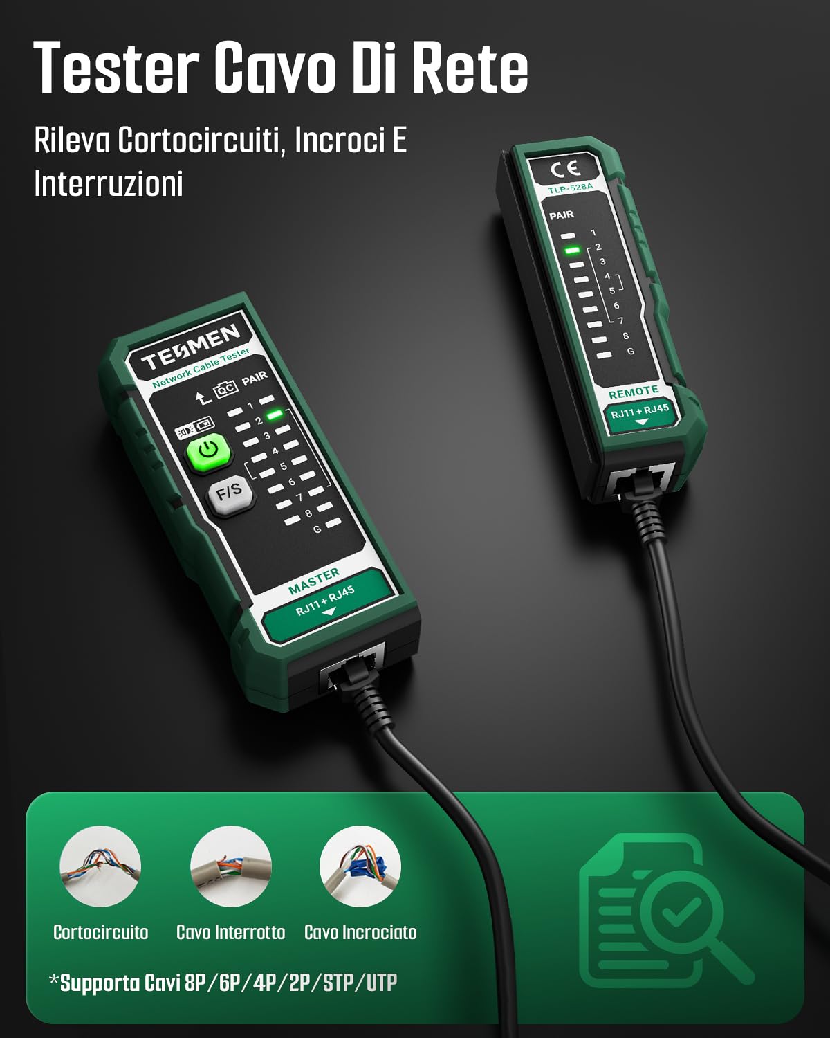 TESMEN TLP-528A Tester per cavi di rete, RJ11/RJ45, tester Ethernet LAN/TEL con test continuità & QC, per CAT5/CAT6/CAT7, ideale per manutenzione cavi – Verde