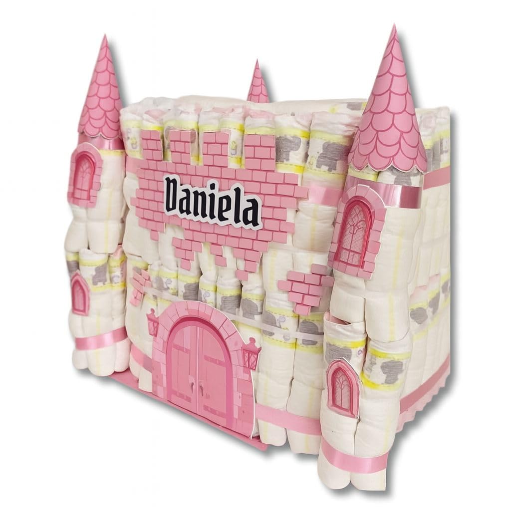 CASTILLO DE PAÑALES con 170 pañales - Regalos para recién nacido - Baby shower - Regalo para bebés - Regalos con pañales - TARTAS DE PAÑALES Y MÁS (ROSA)