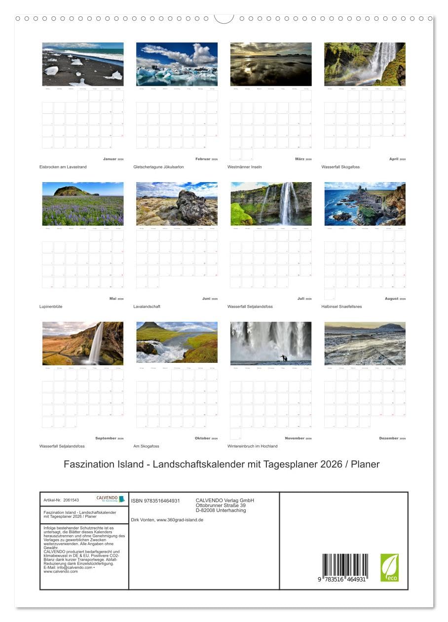 Faszination Island - Landschaftskalender mit Tagesplaner 2026 / Planer (hochwertiger Premium Wandkalender 2026 DIN A2 hoch), Kunstdruck in Hochglanz