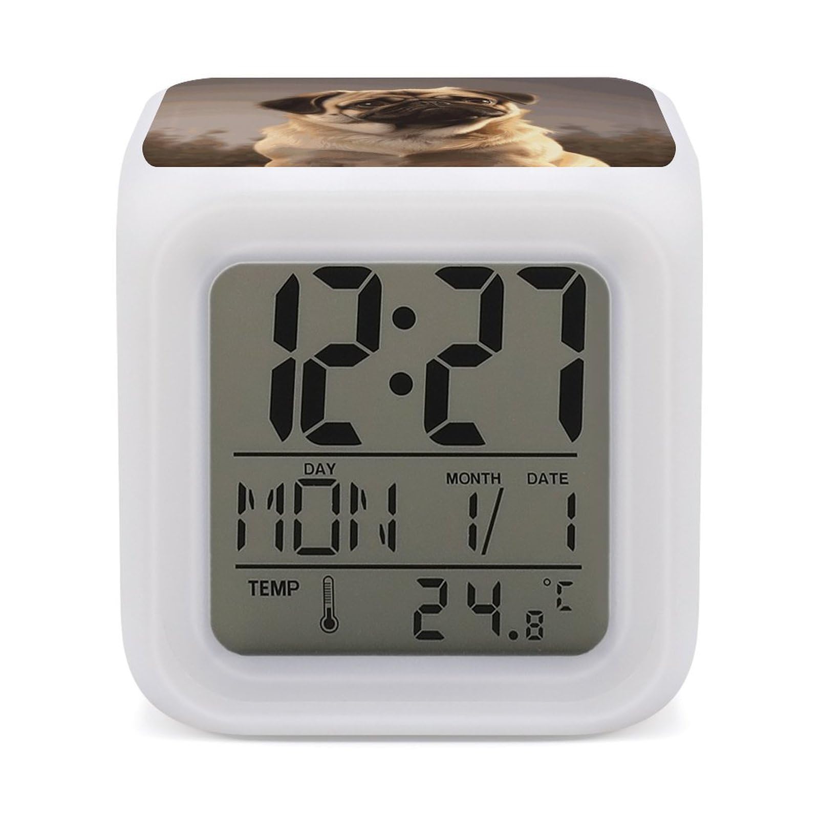 JTREHY Cute Pug Dog Alarm Clock Digital Dimmable Clock for Bedroom LED Display Screen Mini Clocks 7 Color Dimmable Night Lights Time-to-Rise Alarm Clocks for Office Living Room