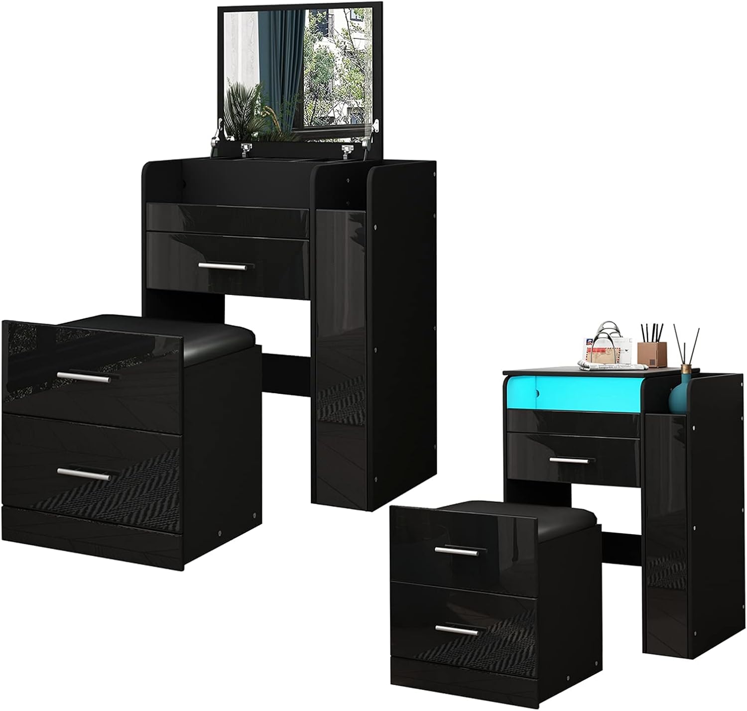 AWOOOD Black Dressing Table Vanity Set with LED Lights Flip Up Mirror