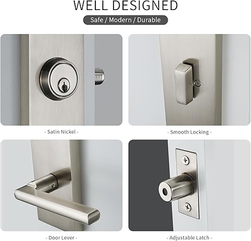 Miniatura 9 de SNBTLA Manija de puerta delantera negra mate  Juego de cerradura de puerta de entrada moderna con cerrojo, palanca de puerta exterior 3 llaves para