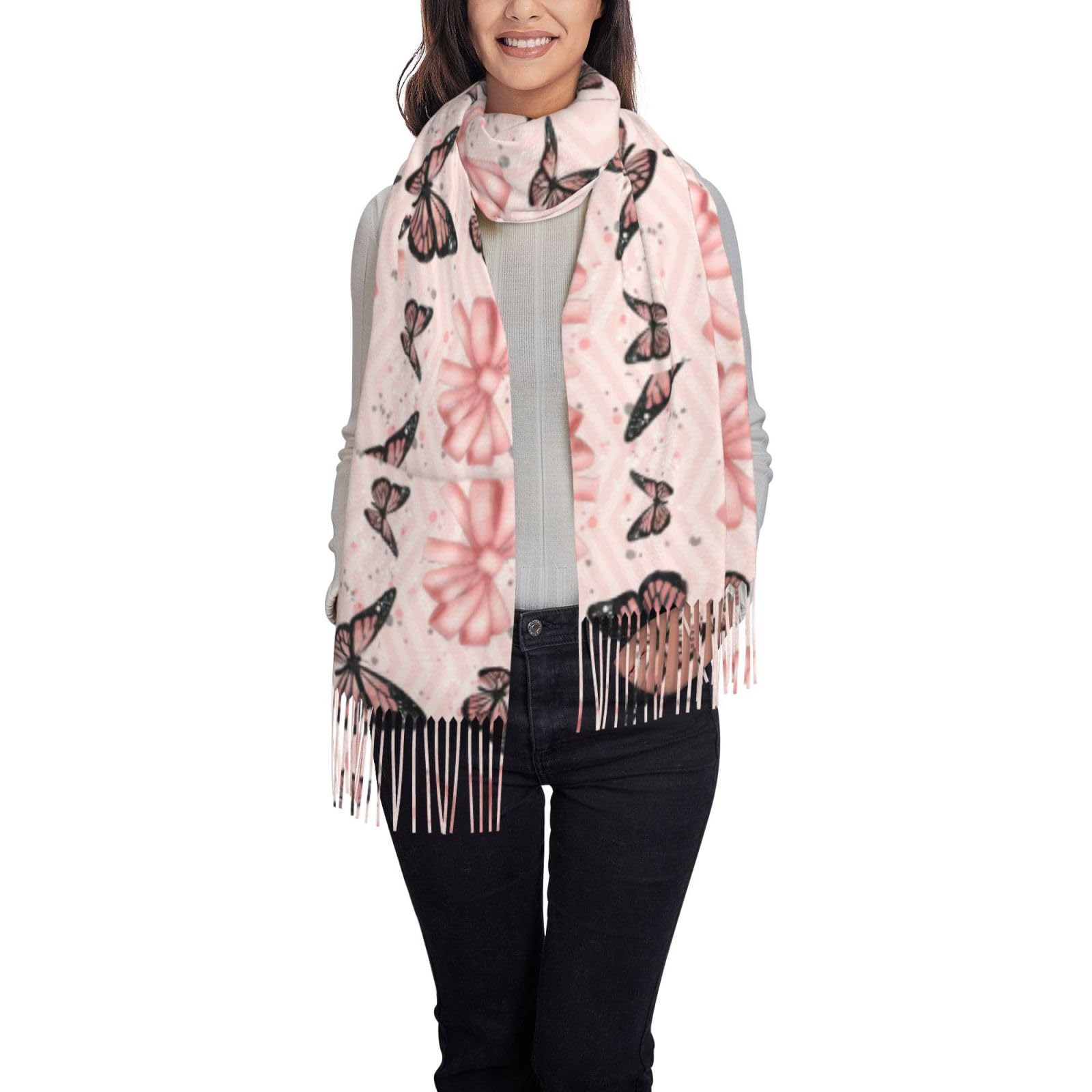 SDEGTHO Butterfly Pink Printing Tassel Scarf, Winter Warm Cashmere Like Tassel Scarf For Autumn, Soft Lightweight With Tassels
