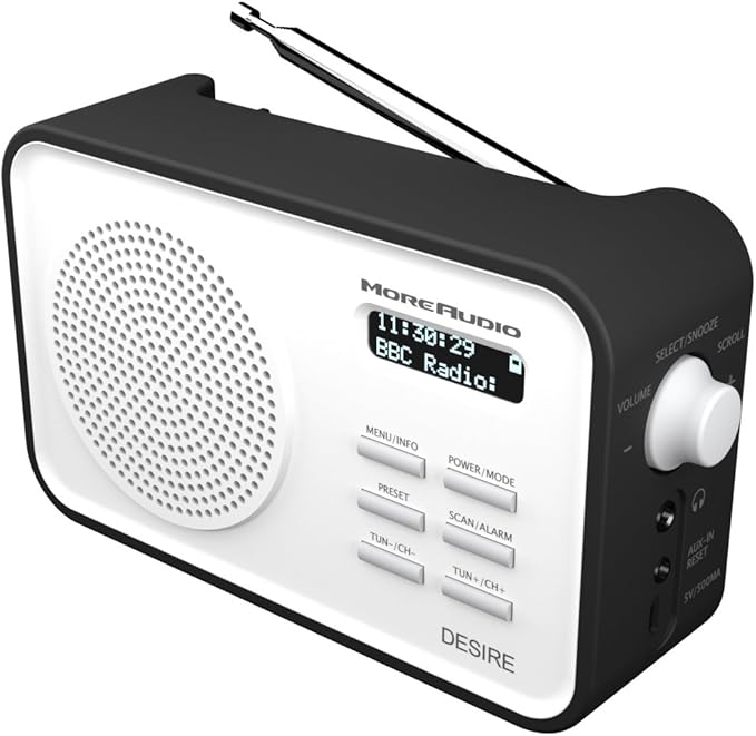 Moreaudio Desire DAB Digital FM Radio Alarm Clock Rechargable Battery / Mains Powered Black