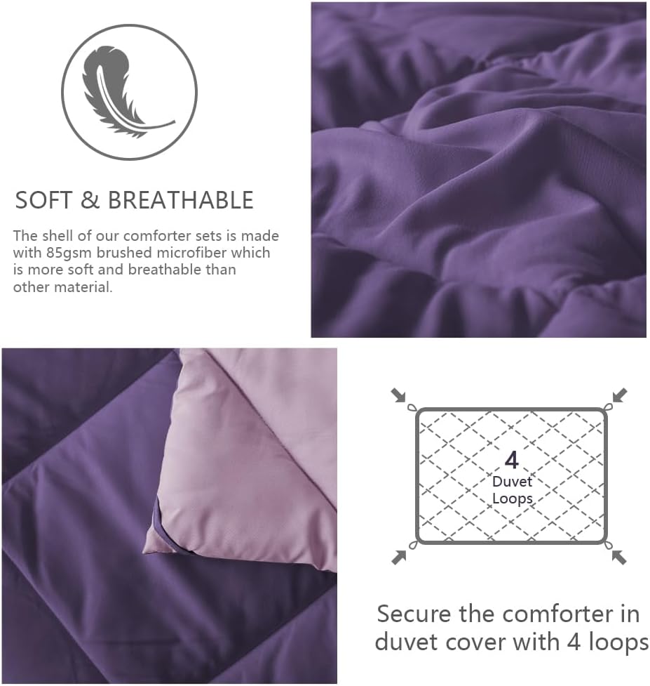 NexHome King Size Comforter Set Purple&Light Purple, 3 Pieces Lightweight Reversible Comforter King Size, All Season Fluffy Down Alternative Comforter Bed Set Quilt Blanket
