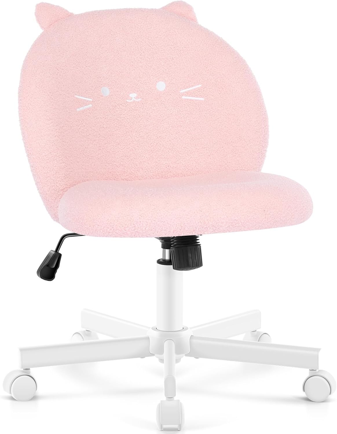 Vanity Chair with Cat Back,Armless Desk Chair Cute Small Office Chair,Teddy Fabric Computer Chair with Adjustable Height,120°Tilting,Rolling,Swivel for Vanity,Kids Room,Office,Bedroom Pink